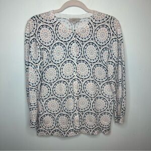 LOFT Outlet Beige Gray Black Medallion Button Up 100% Cotton Sweater M Medium